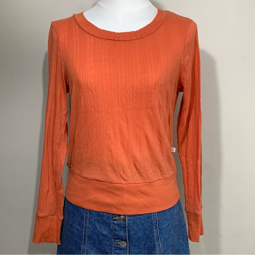 Old Navy Long Sleeve Top Womens XS Burnt Orange Ribbed Knit Crew Neck Banded Hem
